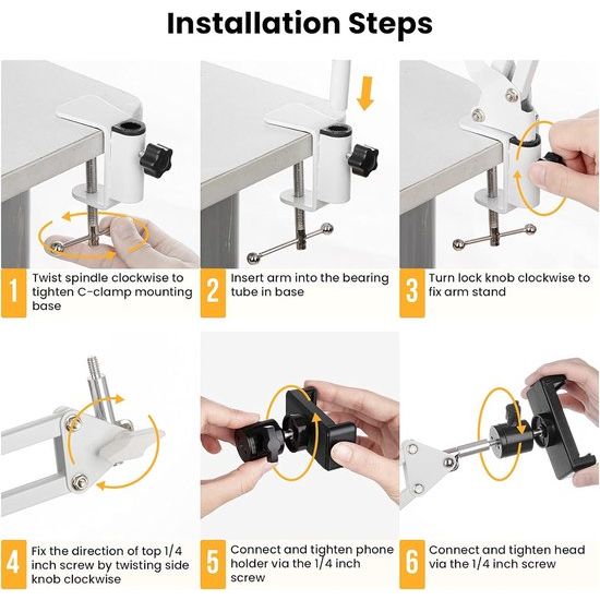 Mobiele telefoon scharnierarmhouder met smartphone-klem en 1/4 inch schroef lange mouwen mobiele telefoon houder scharnierarm Haterung (wit)