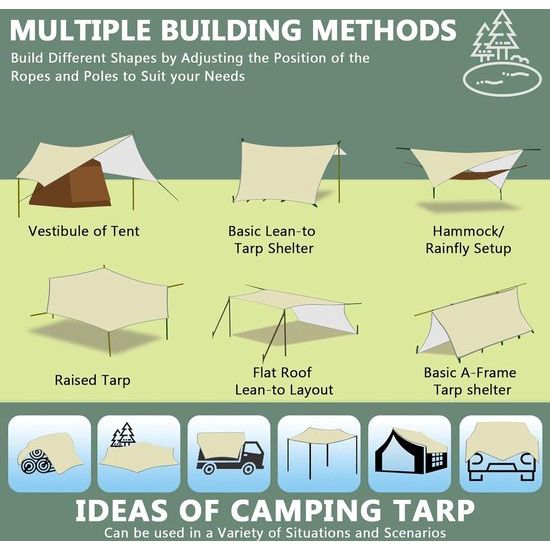 3x3M waterdicht, campingzeil tentzeilen met oogjes + nylon touwen + grondpin, uv-sneeuwregenzonbescherming, ultralicht draagbaar voor campingpicknickhangmat buitenactiviteiten