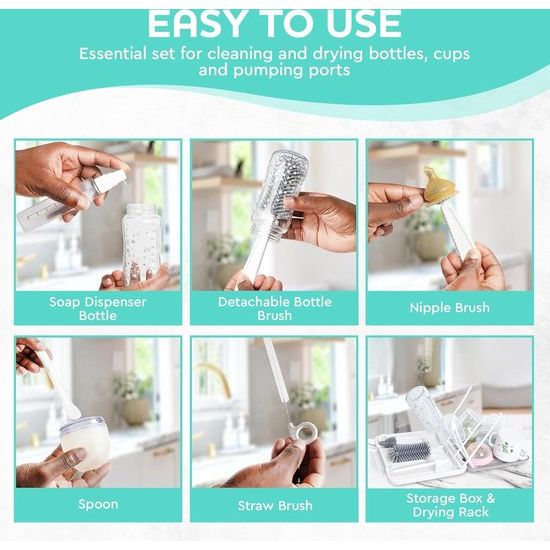 7-in-1 babyfles-reinigingsset: flessenborstel, zuigborstel, stroborstel, zeepdispenser, lepel, droogstandaard babyflessen, opbergdoos, reisbenodigdheden (turquoise)