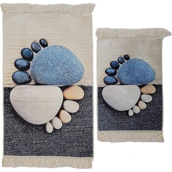 2-delige badgarnituur, rechthoekig, 60 x 100 cm en 40 x 60 cm, badset met franjes voor hang-wc, badmatten, badmatten, franjes, mat met franjes (zwart, blauw, crème, stenen)