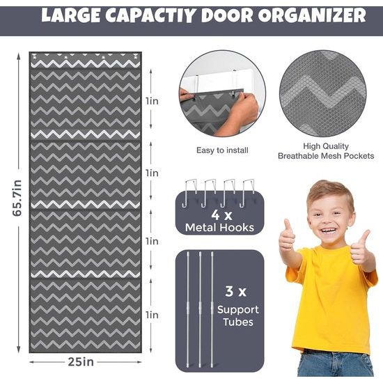 Opslag voor knuffeldieren, boven de deur-organizer voor knuffeldieren, babyaccessoires en vochtige doekjes, ademende hangorganizer met 4 grote vakken voor kinderkamer, slaapkamer, grijs