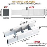 Schuifladenorganizer, set van 4 ladeverdelers, verstelbaar (28-44,5 cm, 10,5 cm hoog), antislip ladeverdeler, opbergsysteem voor keuken, slaapkamer, badkamer, commode, wit