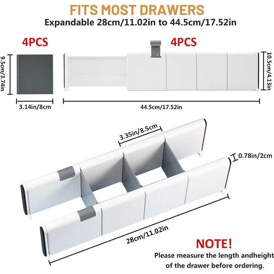 Schuifladenorganizer, set van 4 ladeverdelers, verstelbaar (28-44,5 cm, 10,5 cm hoog), antislip ladeverdeler, opbergsysteem voor keuken, slaapkamer, badkamer, commode, wit