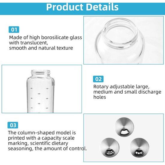 Kruidenpotjes, 500 ml, met draaideksel, 2 stuks borosilicaatglas, kruidenstrooier met 3 soorten roestvrijstalen kruidengaten, horen voor keuken, eetkamer, barbecue in de open lucht