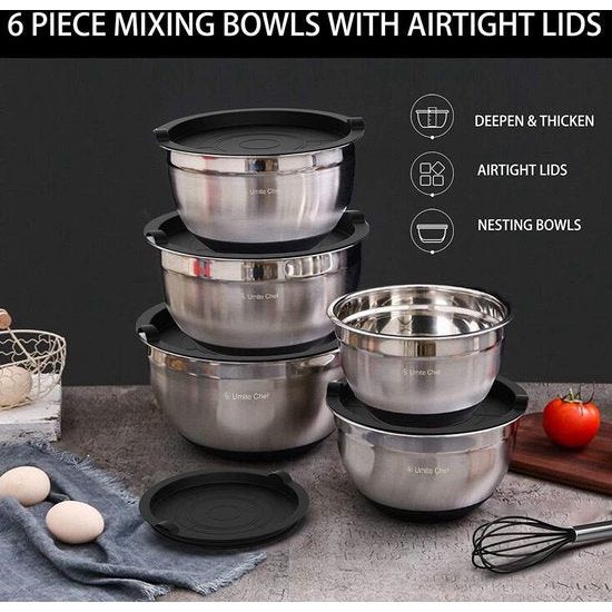 Mixing Bowls with Airtight Lids, 6 Piece Stainless Steel Metal Bowl Chef, Measuring Marks Quality Size 7, 3.5, 2.5, 2.0, 1.5, 1QT, Ideal for Mixing and Serving