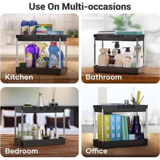 Gootsteenorganizer, keukenkastorganizer met roestvrijstalen buis, 2 stuks onder gootsteenplank, onderkastorganizer met 4 haken, keukenplank voor keuken, badkamer, kast, tafelblad -