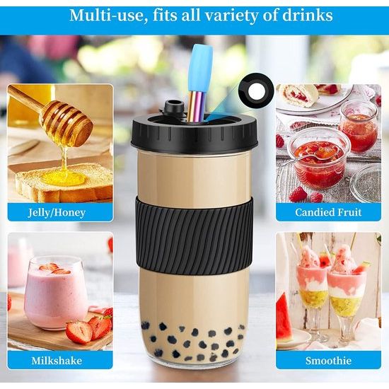 Bubble Tea Bekers, 2 stuks, 730 ml, Bubble Tea Set met rietje, herbruikbaar, glazen drinkglazen met deksel, lekvrije siliconen voor milkshakes, dranken, smoothie-zwart