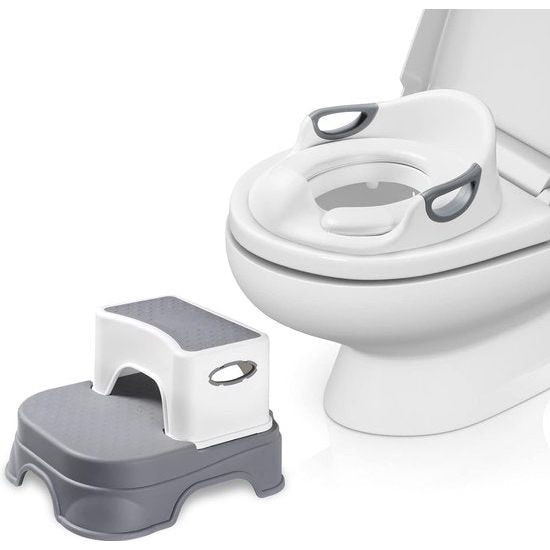 Toiletbril voor kinderen met opstapje voor kinderen, potje voor kinderen met kruk, kinderen vanaf 1 - 7 jaar, kindertoilet, babyzitje, antislip bekleding, wc-opzetstuk (grijs)