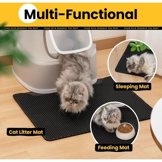 Kattenbakmat, hoogwaardige dubbellaagse waterdichte kattenmat, honingraatpatroon om de strooiverdeling te regelen, eenvoudige reiniging voor de kattenbakmat (zwart, groot, 76 x 61 cm)