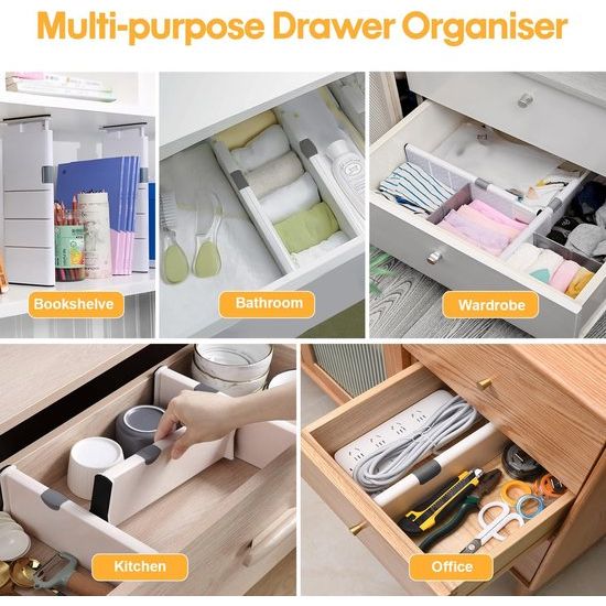 Opbergsysteem voor schuifladen, verstelbare ladeverdeler, scheidingssysteem, keuken, ladeverdeler, organizer met 9 inzetstukken, voor keuken, badkamer, slaapkamer, commode, 27-44 cm, 4 stuks