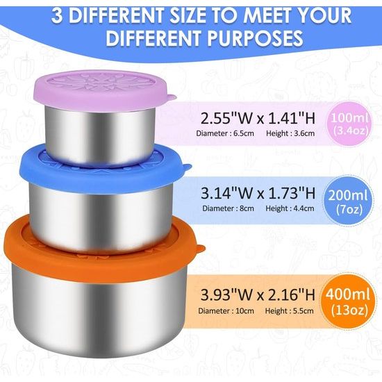 Roestvrijstalen voedselcontainers met deksels, set van 3 kleine kruiderijcontainers, lunchbox voor kinderen Herbruikbare snackcontainers, nestbare metalen voedselopslag voor sauzen