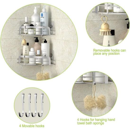 Doucheplank zonder boren, doucheplank, 2 stuks met 4 haken, roestvrijstalen wandgemonteerde badkamerplank, badkameraccessoires, shampoohouder voor douche