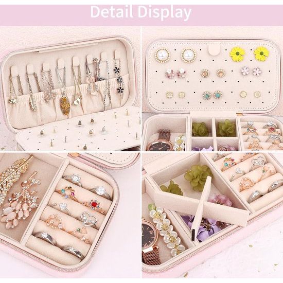 Klein fluwelen reissieradendoosje, klein fluwelen sieradendoosje voor meisjes en vrouwen, mini-sieradenorganisator voor ringen, oorbellen, kettingen, armbanden, klein sieradendoosje, roze