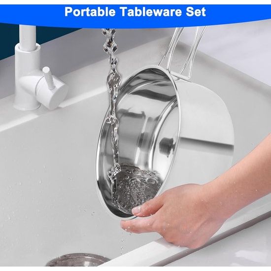 Campingserviesset 10-delig, roestvrij staal, campingbestek, accessoires, outdoor reisbestek, set voor 2 personen, met opvouwbare messen, vork, lepel, kookgerei voor picknick, backpacking,