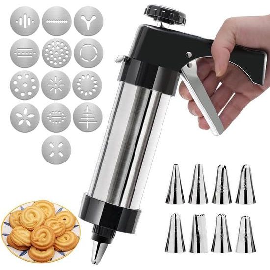 Gebakpers, banketbakker, banketmachine met 13 sjablonen en 8 spuitmonden voor decoraties, koekjespers met groot vulvolume, banketbakker (zilver)