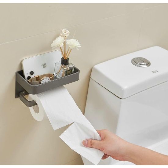 Badkamerrolhouder met plank Zwarte afwerking Hoekopslag Zelfklevende houder voor kleine gadgets Aluminium