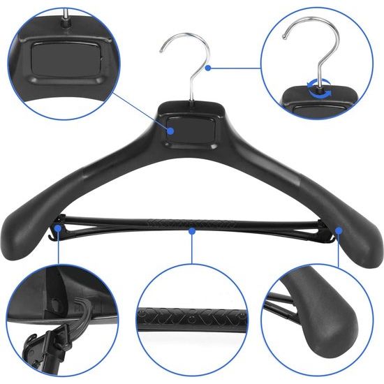 Brede zwarte plastic kleerhangers voor colberts en broeken - Set van 5