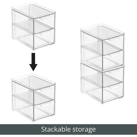 Cosmetische Organizer - Stapelbare Plastic Ladebox met 2 Laden - Praktische Box voor het opbergen van Badkamerartikelen - Set van 4 - Doorzichtig