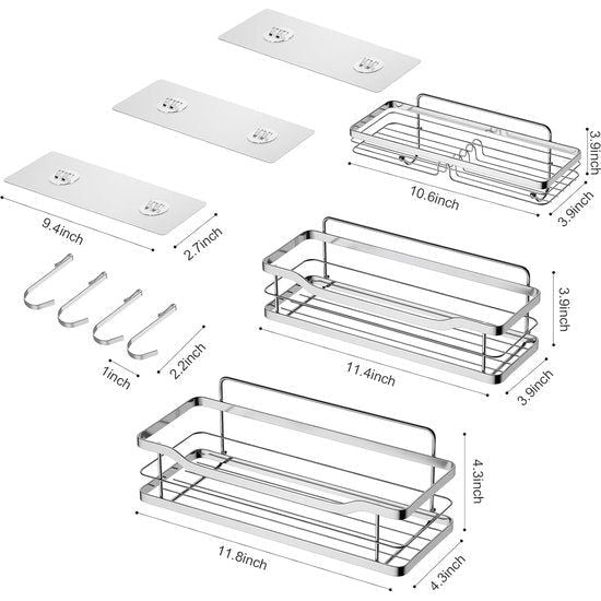 douchemand zonder boren, zelfklevende douchemanden, douche-organizer met 4 haken, roestvrije shampoohouder voor de badkamer, douchewagen van SUS304 roestvrij staal, verpakking van 3.