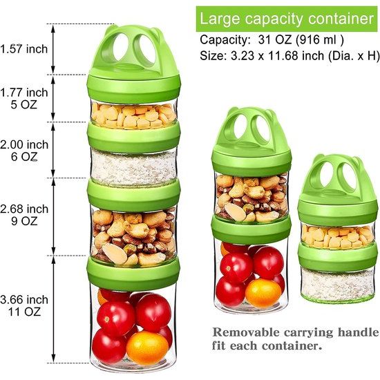 Draagbare stapelbare voedselbewaarcontainers voor snacks, formule, poeders en dranken, twist-lock-systeem, luchtdicht, lekvrij, BPA- en ftalaatvrij, blauw en groen