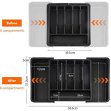 Bestekhouder, bestekbak, uittrekbare bestekhouder voor laden, van kunststof, met 8 vakken, geschikt voor lepels, vorken, messen (33,5-56,5 x 6 x 37,5 cm) (zwart)