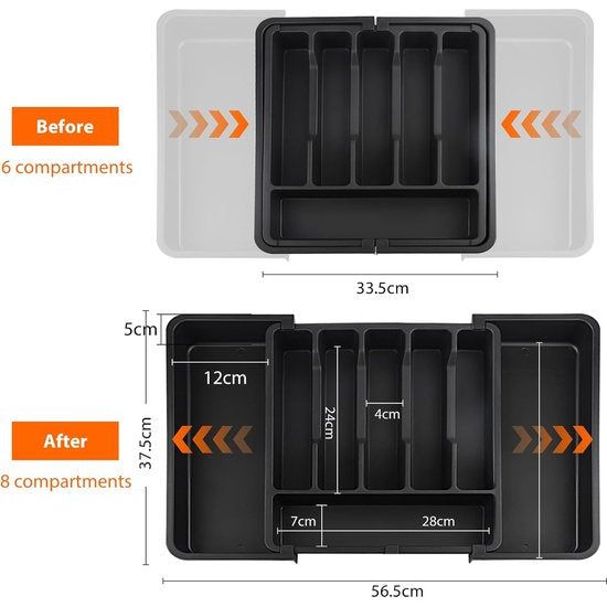 Bestekhouder, bestekbak, uittrekbare bestekhouder voor laden, van kunststof, met 8 vakken, geschikt voor lepels, vorken, messen (33,5-56,5 x 6 x 37,5 cm) (zwart)