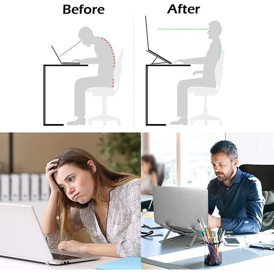 Laptopstandaard Aluminium Draagbaar Verstelbaar met 6 Niveaus, Ergonomisch Notebookholder Lees Tafel Opvouwbaar, Compatibel met Laptops Kleiner Dan 15,6 Inch, Zilver