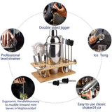 Cocktailset, cocktailshakerset, gemaakt van roestvrij staal, 14-delige barkeeperset, met houten houder, 750 ml, cocktail cadeauset voor thuis of in de bar.