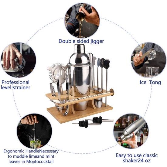 Cocktailset, cocktailshakerset, gemaakt van roestvrij staal, 14-delige barkeeperset, met houten houder, 750 ml, cocktail cadeauset voor thuis of in de bar.