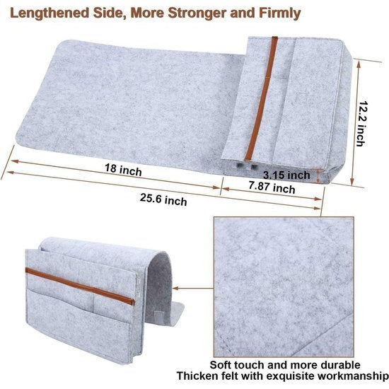vilten bedcaddy organizer om op te hangen, nachtkastje, tas, bankbed, dik vilt met kabelsgaten, antislip, voor boek, tijdschriften, iPad, mobiele telefoon, afstandsbediening (grijs)