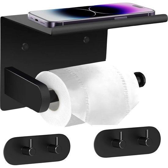 Toilet Paper Holder without Drilling, with Shelf Toilet Paper Holder Matte Black, Wall Toilet Paper Holder, Self-Adhesive, with 2 Adhesive Hooks, Stainless Steel
