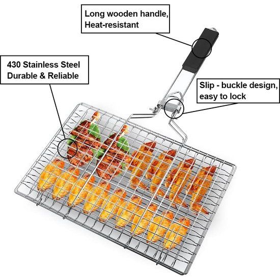 Grillmand van roestvrij staal Opvouwbare grillmand met afneembaar handvat Draagbaar grillrooster voor vis, steak, groenten, garnalen, inclusief deegborstel en opbergtas (32 x 22 cm)