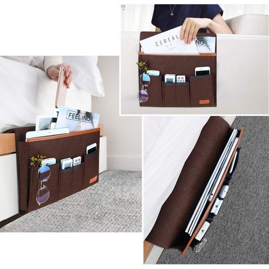 Sofa Organizer afstandsbediening houder, bedtas, antislip nachtkastje, caddy opbergtas voor telefoon, tijdschrift, boeken, bril - koffie