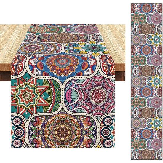 Mandala patroon tafelloper boho-stijl - boho tafelloper bont ornament commode tafelloper voor restaurants, bruiloften, tafelkleden, tuintafel van linnen katoen - 33 x 183 cm