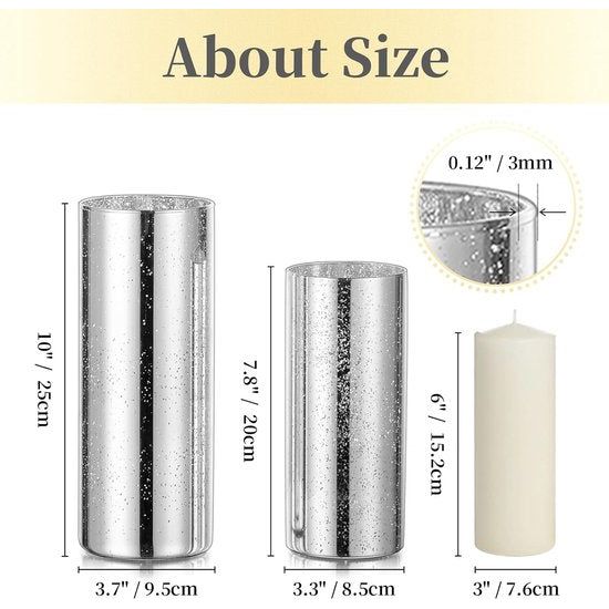 Zilveren windlicht van groot glas: een set van 6 kaarsenhouders voor stompkaarsen, windlichten van glas, kwikvazen, decoratieve kaarsenhouders van glazen cilinders met bodem voor staafkaarsen en drijvende kaarsen.