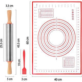 Roestvrijstalen deegroller + siliconen bakmat + gebakborstelset, deegroller met handgrepen, onderhoudsvrij, gemakkelijk schoon te maken, antiaanbakroller voor deeg/fondant/pizza/koekjes/cakes 17" rood