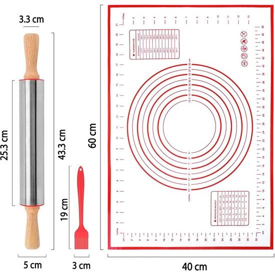 Roestvrijstalen deegroller + siliconen bakmat + gebakborstelset, deegroller met handgrepen, onderhoudsvrij, gemakkelijk schoon te maken, antiaanbakroller voor deeg/fondant/pizza/koekjes/cakes 17" rood