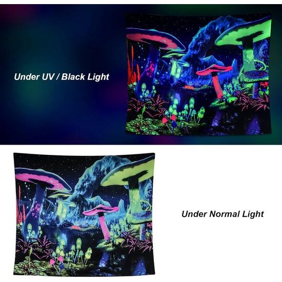 Black Light Mushroom Tapestry Galaxy Space Tapestry UV Reactive Poster Plant Landscape Tapestry Starry Sky Wall Hanging for Bedroom Home Decoration
