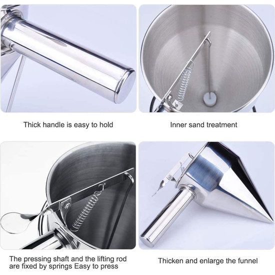 Pannenkoeken, deegdispenser, roestvrij staal, deegdispenser, baktrechter voor thuis, keuken, bakkerij, cake, desserts, kookgereedschap, roestvrij staal, zilver
