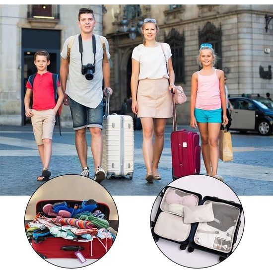 Kofferorganizerset, 9-delig, Packing Cubes, waterdichte reis-kledingtassen, paktassen voor koffer, verpakkingskubus met cosmeticatas, digitale tas, USB-kabel (beige)