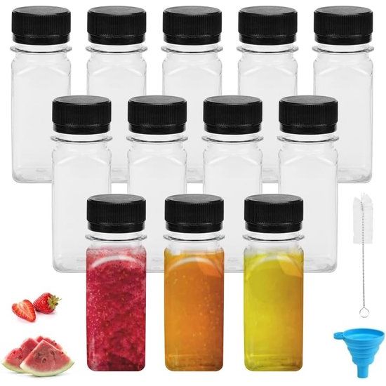 Pak van 12 kleine flesjes voor het vullen van plastic sapflessen gembershotflessen 60 ml mini plastic flessen plastic flessen lege smoothiefles met trechterborstel voor gemberschnapps