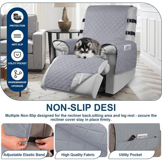 Fauteuilbeschermer voor kinderen, honden, 100% waterdichte relaxstoel, stoelbeschermer met zakken, 1-zits, antislip, stoelbeschermer voor televisiestoel met 2 verstelbare riemen, grijs