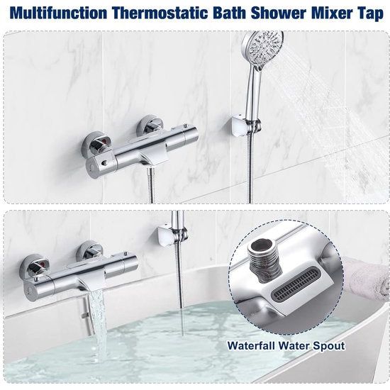 Waterval Badkraan met Thermostaat 2 Functies Douchekraan voor Douche en Bad, Chroom Mengkraan Douchethermostaat met 38°C Veiligheidsknop, Badkraan 20-50℃