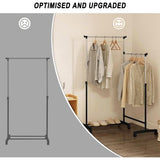 Kledingrek met wieltjes, kapstok met schoenenrek, 2 kledingstangen 1 in hoogte verstelbaar, L-vormig en recht verstelbaar, van metaal, zwart