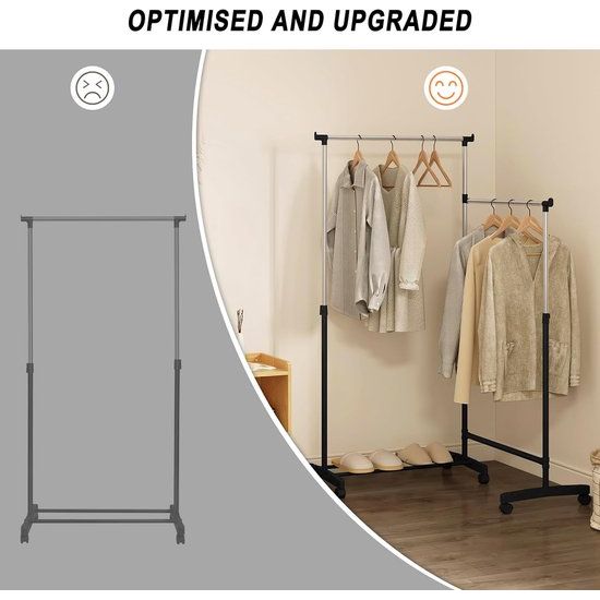 Kledingrek met wieltjes, kapstok met schoenenrek, 2 kledingstangen 1 in hoogte verstelbaar, L-vormig en recht verstelbaar, van metaal, zwart