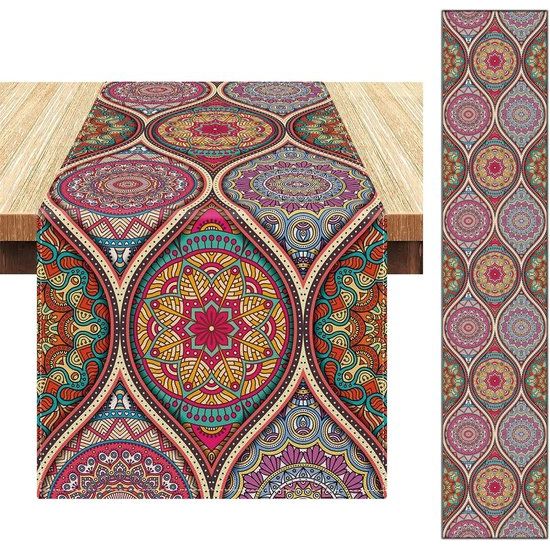 Boho-stijl - boho tafelloper bont ornament commode tafelloper voor restaurants, bruiloften, tafelkleden, tuintafel van linnen katoen - 33 x 183 cm