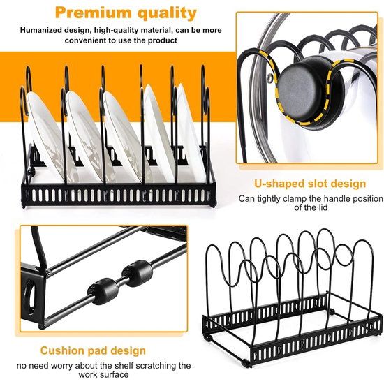 Expandable Pan Organizer Shelf, Pans and Lid Organizer with 12 Dividers, Pantry Cabinet, Bakeware, Lid Holder, Black