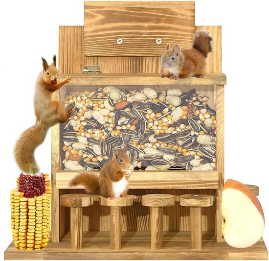 Eekhoorntje, voederhuis van grenenhout, eekhoorntje, voederhuis met maïskolfhouder, eekhoornhuis voor buiten, chipmunk-voederstation voor achtertuin, buiten, tuin (A)