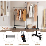 Kledingrek met wieltjes, kapstok met schoenenrek, 2 kledingstangen 1 in hoogte verstelbaar, L-vormig en recht verstelbaar, van metaal, zwart