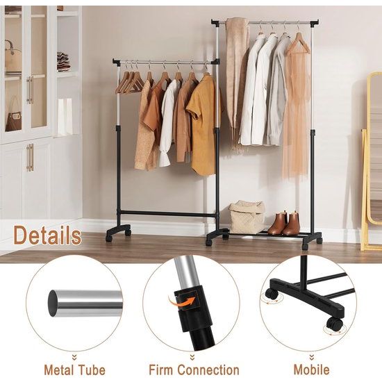 Kledingrek met wieltjes, kapstok met schoenenrek, 2 kledingstangen 1 in hoogte verstelbaar, L-vormig en recht verstelbaar, van metaal, zwart